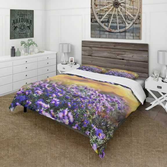 Designart 'Purple Flowers on Brown Background' Country Duvet Cover Set