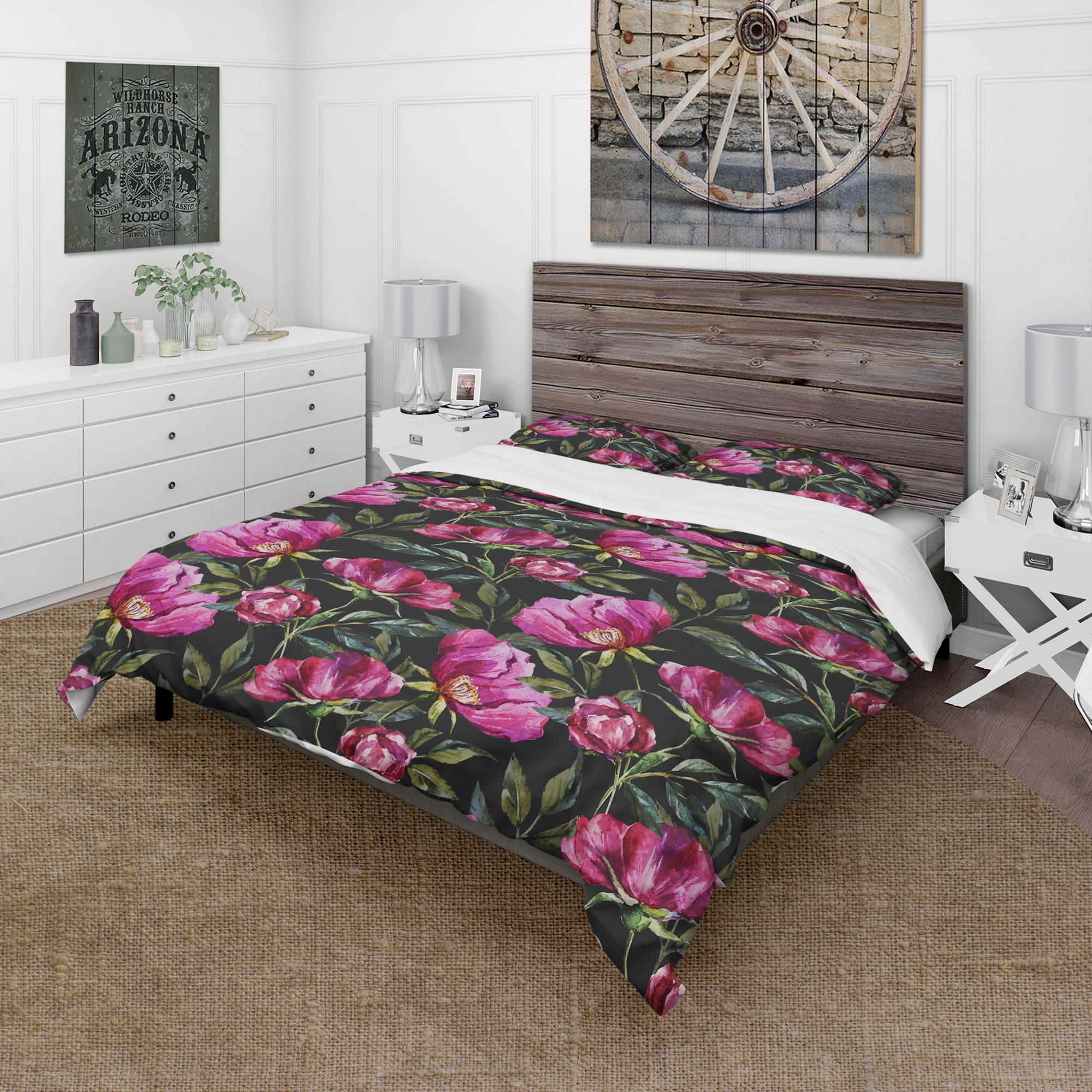 Designart 'Purple Flowers on Dark Background Hand Painted' Abstract Duvet Cover Set