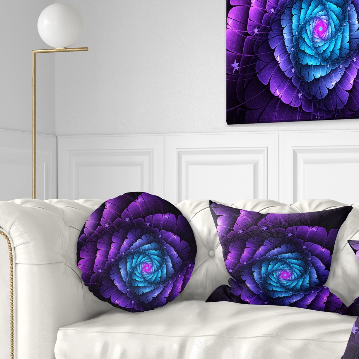 Designart Purple Fractal Flower in Dark - Floral Throw Pillow - 12x20