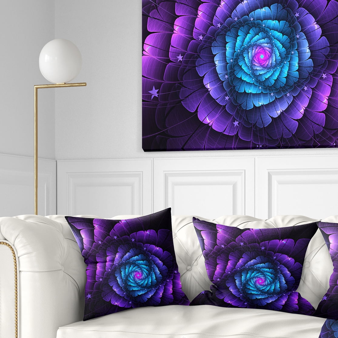 Designart Purple Fractal Flower in Dark - Floral Throw Pillow - 18x18
