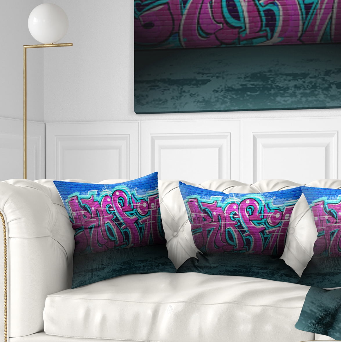 Designart Purple Graffiti Wall - Street Art Throw Pillow - 16x16