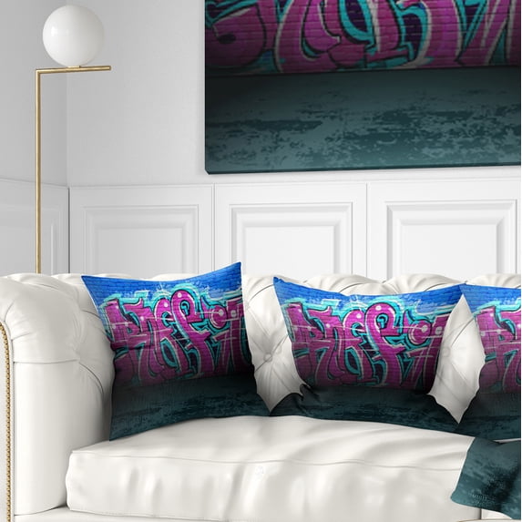 Designart Purple Graffiti Wall - Street Art Throw Pillow - 18x18