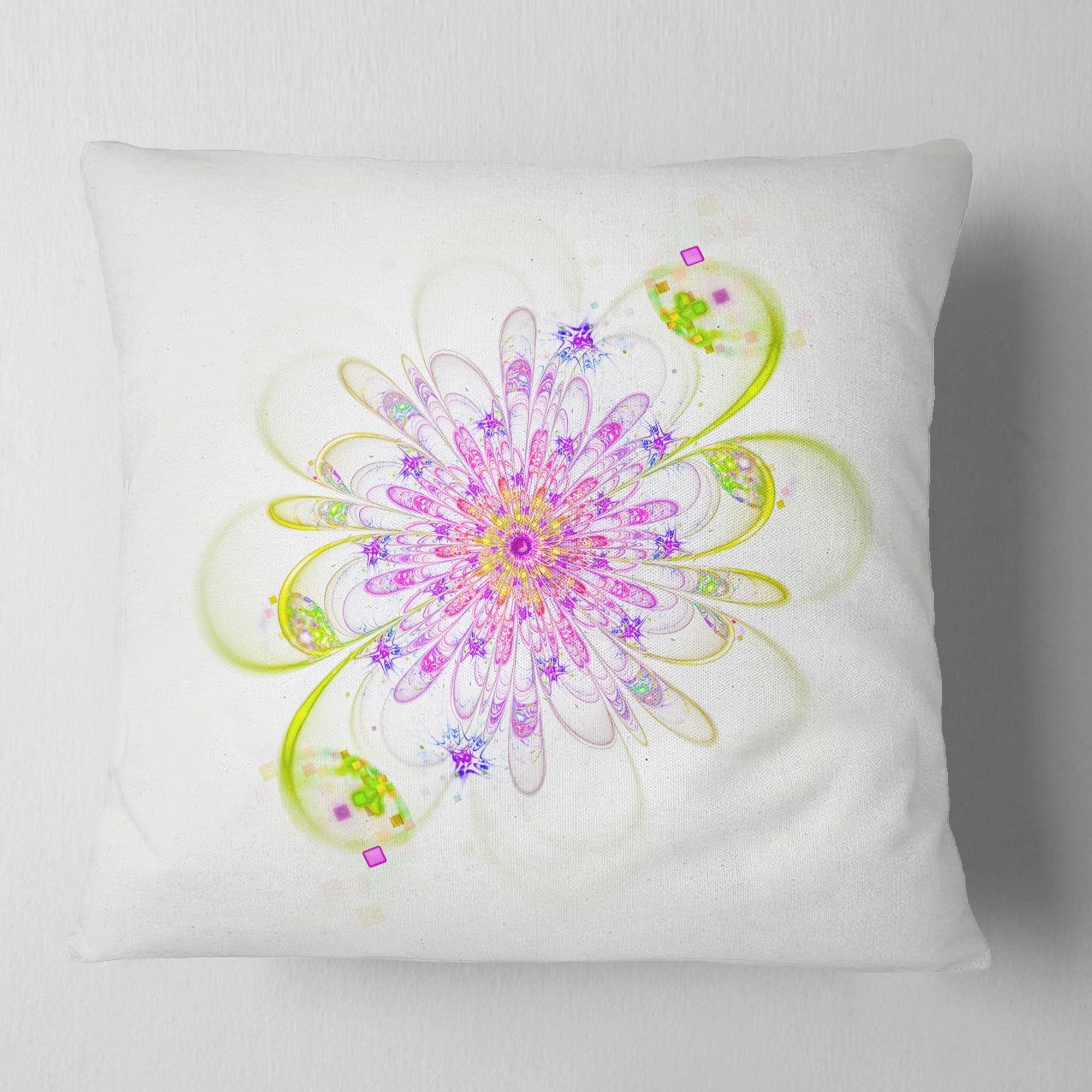 Designart Purple Green Glowing Fractal Flower - Floral Throw Pillow - 16x16