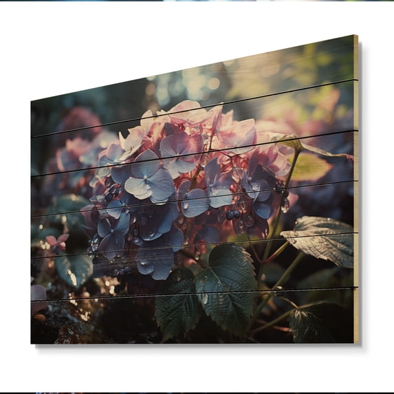 Designart "Purple Hydrangea landscape" Floral Print on Natural Pine Wood