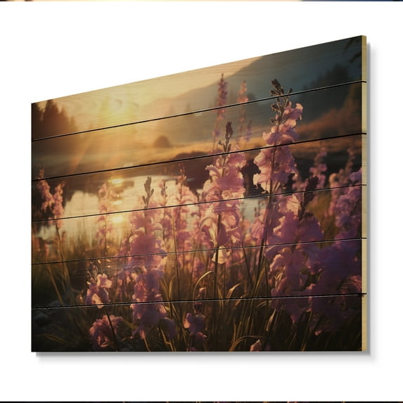 Designart "Purple Irises landscape With Sunset I" Floral Print on Natural Pine Wood
