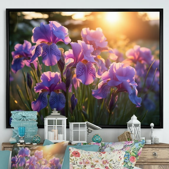 Designart "Purple Irises landscape With Sunset III" Floral Floater Framed Wall Decor