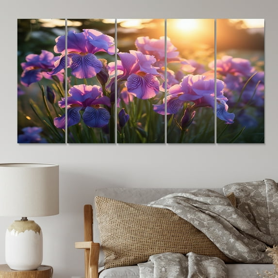 Designart "Purple Irises landscape With Sunset III" Floral Metal Wall Art Set