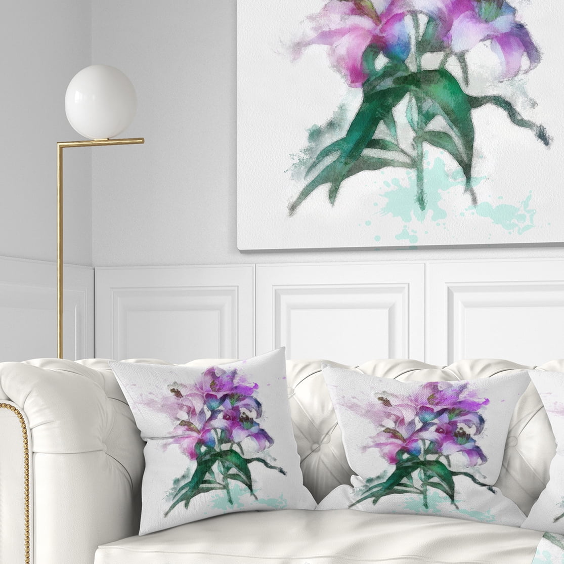 Designart Purple Lilies Illustration Drawing - Floral Throw Pillow - 18x18
