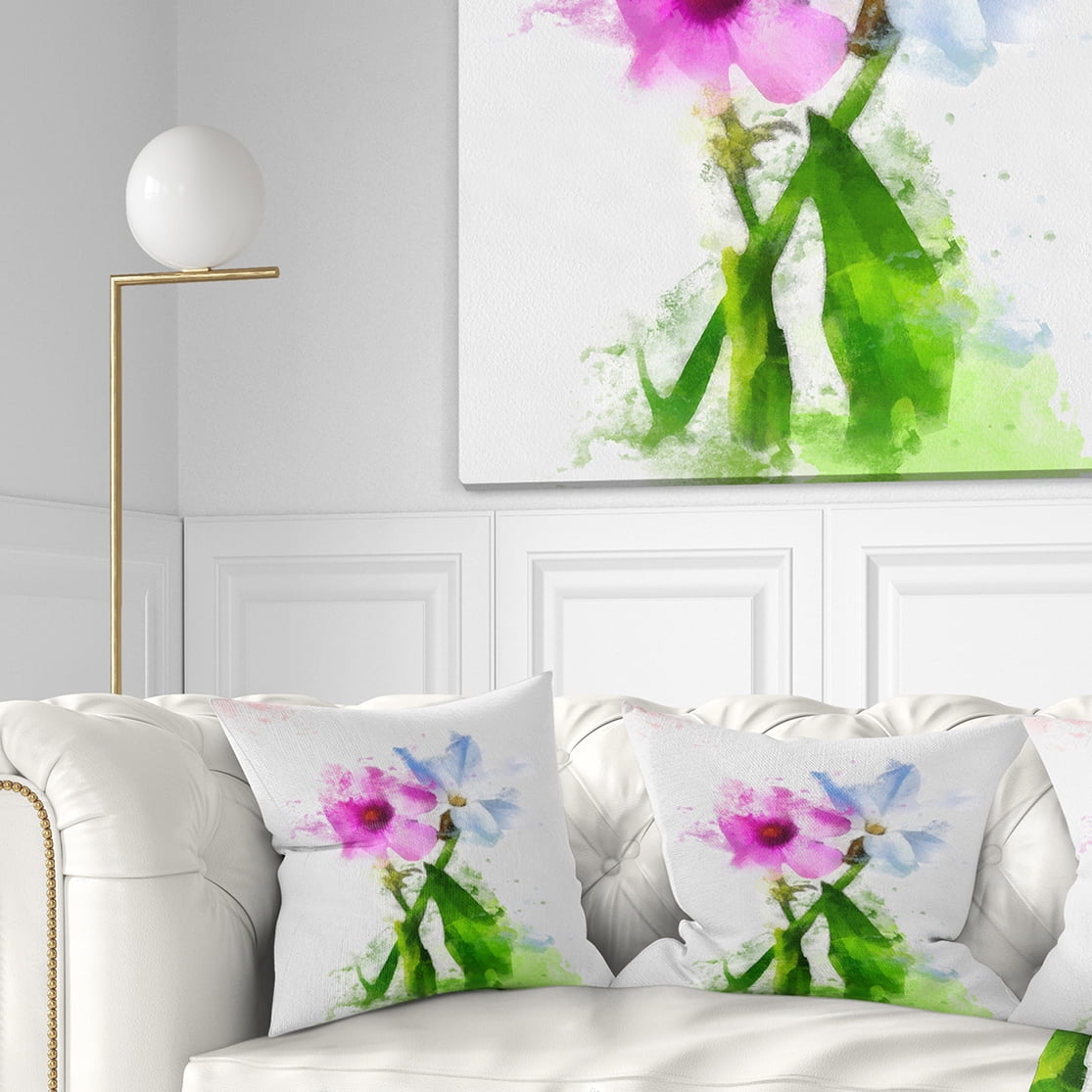 Designart Purple Mallow and Blue Chamomile - Floral Throw Pillow - 18x18