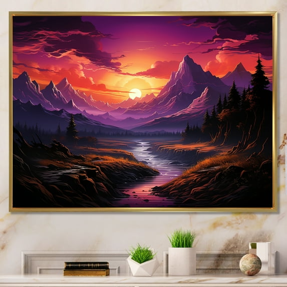 Designart "Purple Mountains With An Orange Sunset" Abstract Landscape Floater Framed Canvas Art Print