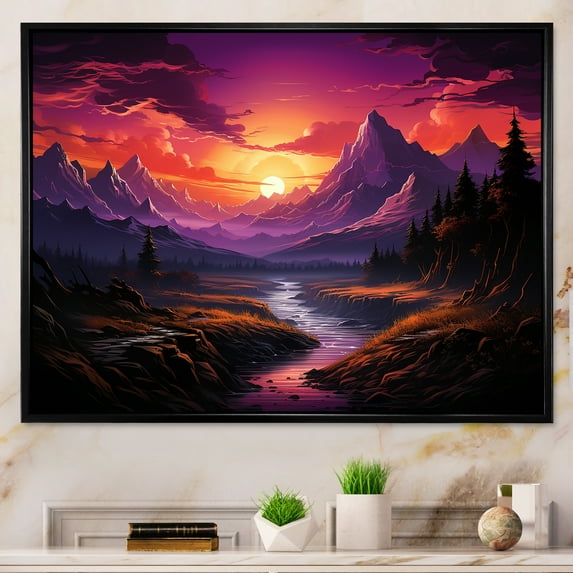 Designart "Purple Mountains With An Orange Sunset" Abstract Landscape Floater Framed Canvas Art Print