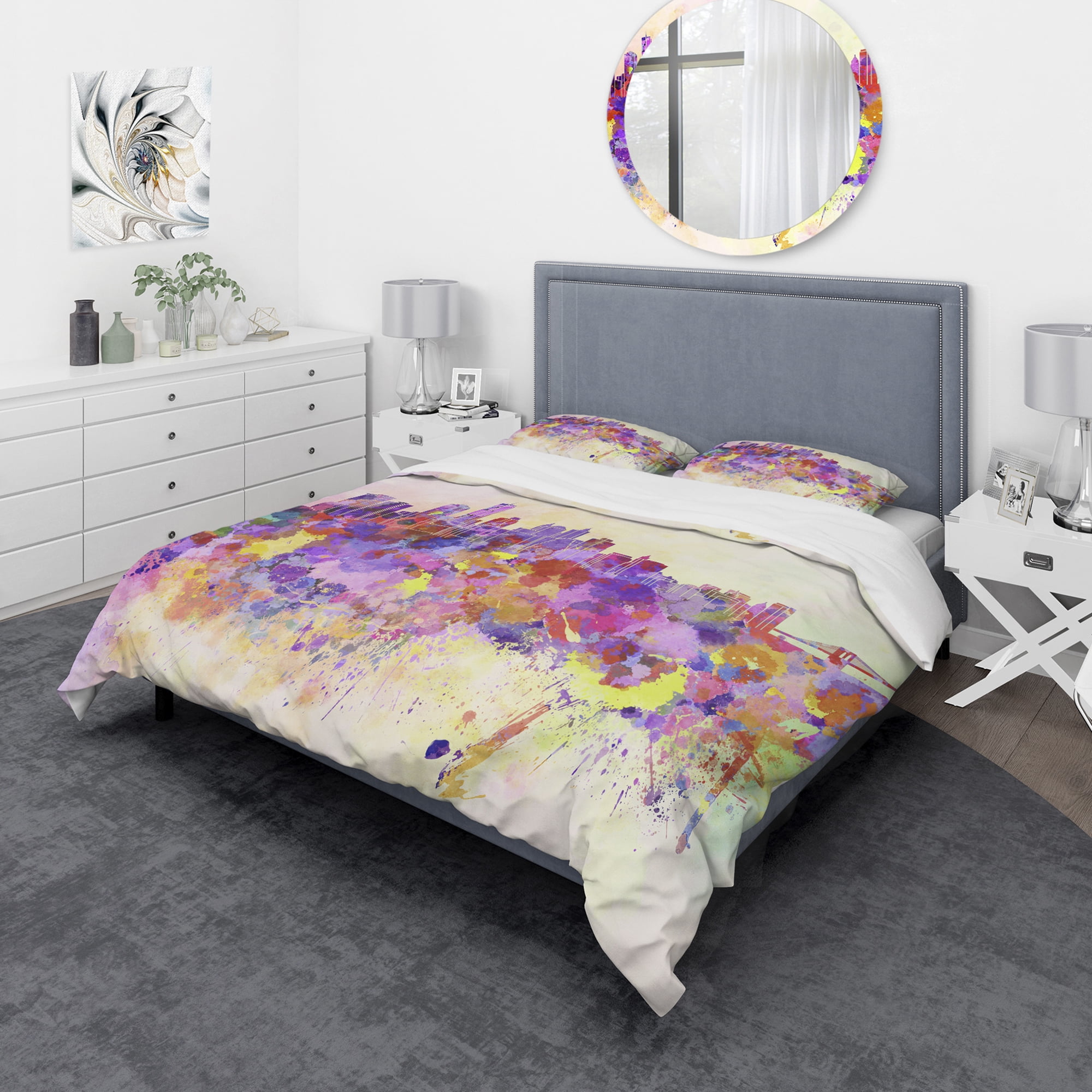 Designart 'Purple New York Skyline' Cityscape Duvet Cover Set