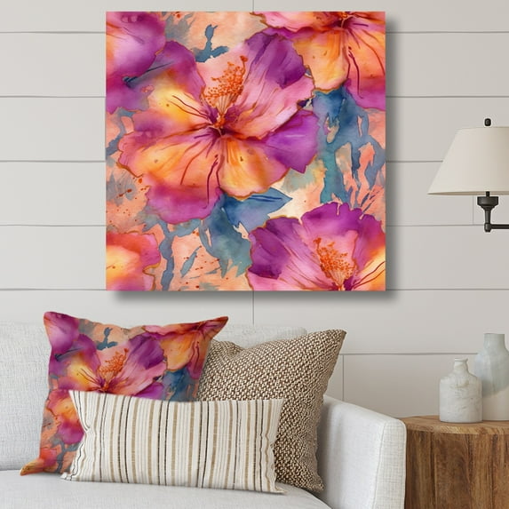 Designart "Purple Orange Hibiscus Blossoms" Floral Hibiscus Wall Art For Bathroom