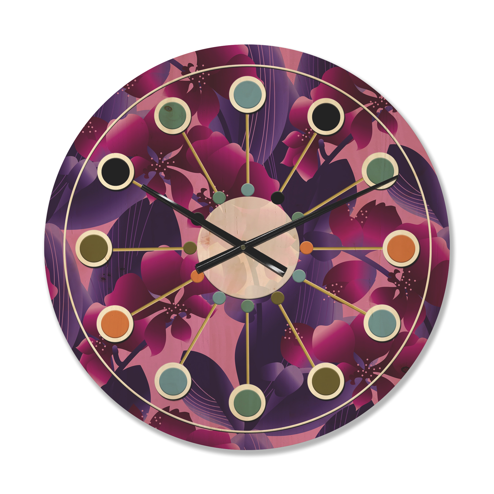 Designart 'Purple Orchid blossom colorful pattern' Mid-Century Modern Wood Wall Clock