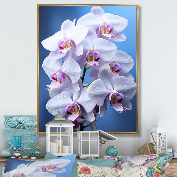 Designart "Purple Orchids delicate Orchids Black" Floral Floater Framed Canvas Wall Art