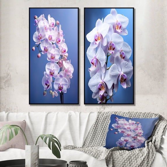 Designart "Purple Orchids gracefulness I" Orchids Framed Wall Art Set Of 2 - Purple Floral Framed Canvas Set For Living Room Decor