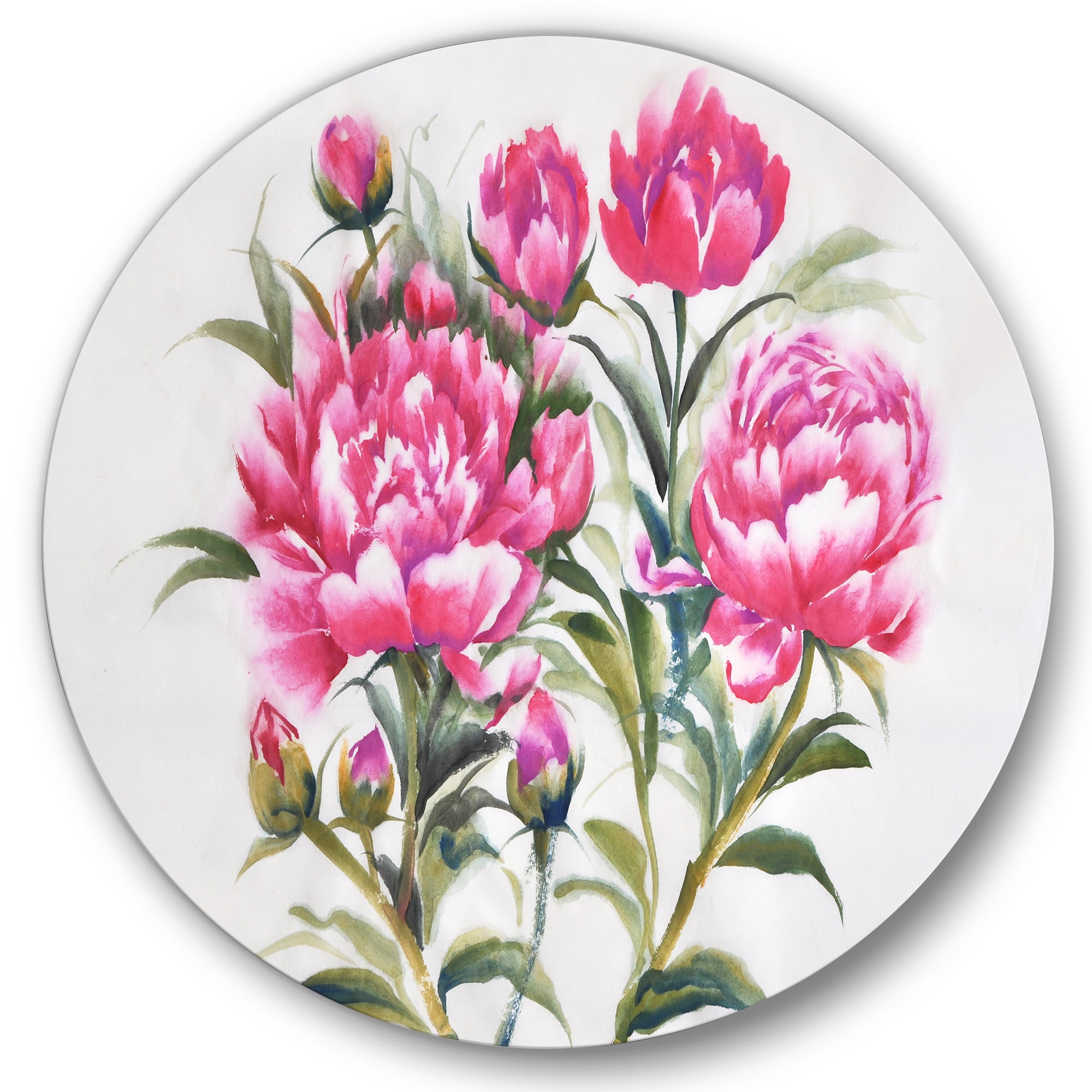 Designart 'Purple Peonies Flowers' Traditional Circle Metal Wall Art 36x36 - Disc of 36