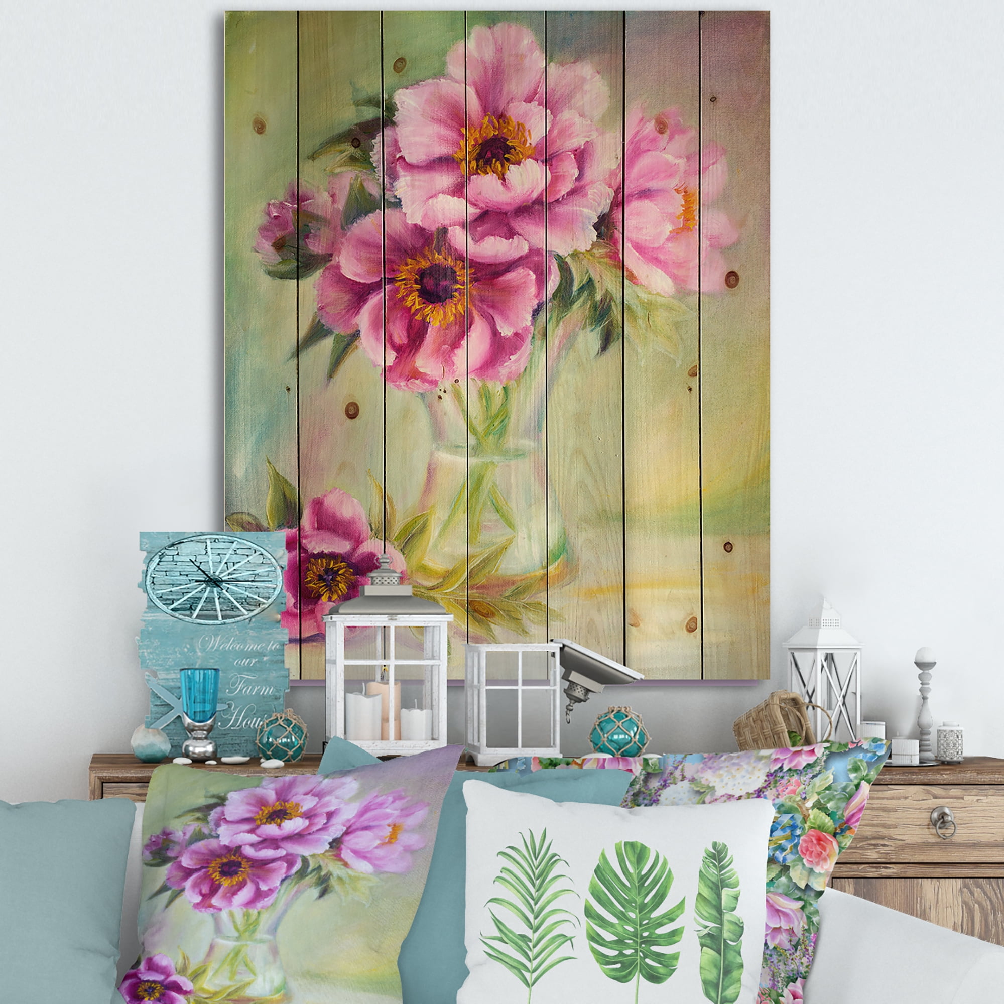 Designart 'Purple Peonies In Vase Still Life' Traditional Print on Natural Pine Wood