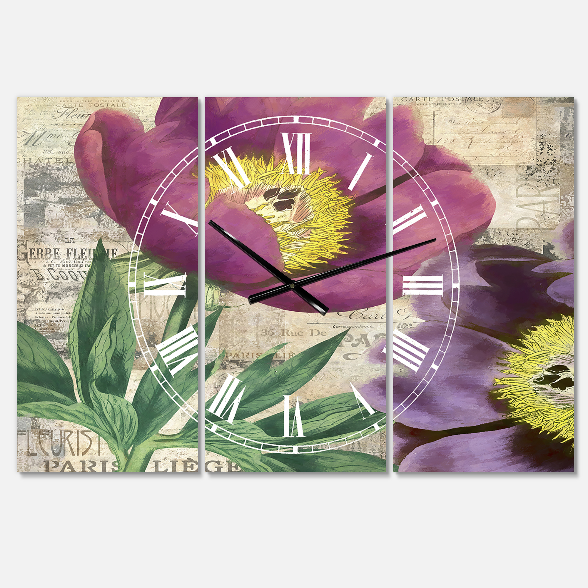 Designart 'Purple Peonies' Oversized Cottage Wall Clock