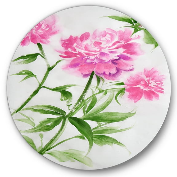 Designart 'Purple Peonies With Green Bush II' Traditional Circle Metal Wall Art 36x36 - Disc of 36