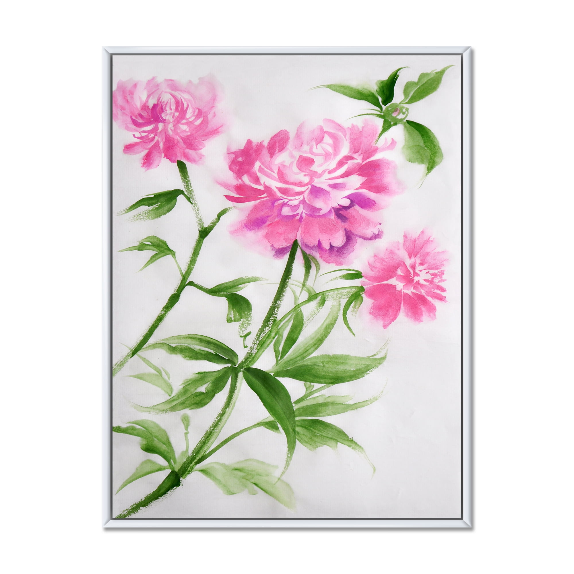 Designart 'Purple Peonies With Green Bush II' Traditional Framed Canvas Wall Art Print