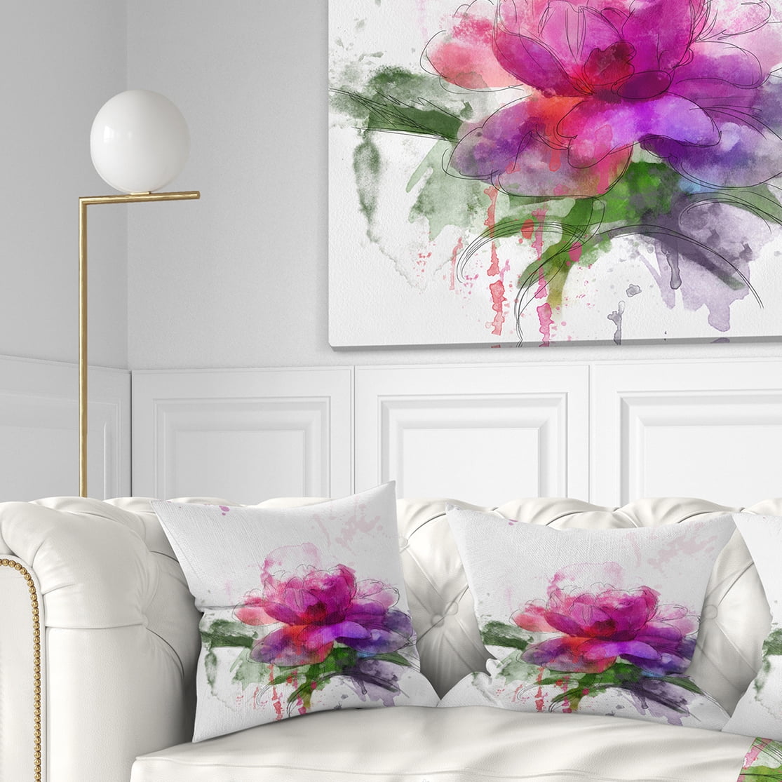 Designart Purple Peony Illustration Sketch - Flowers Throw Pillowwork - 18x18