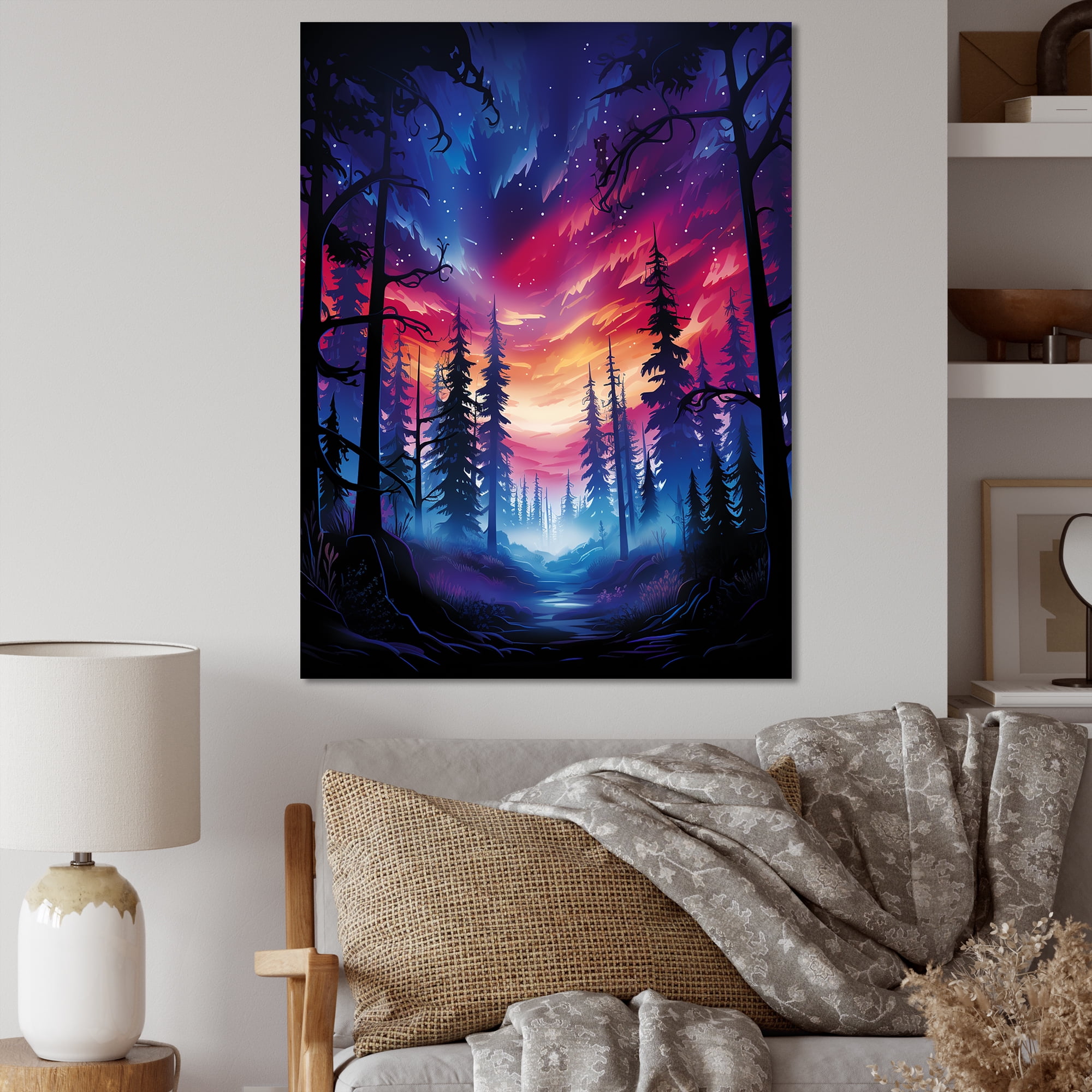 Purple and Pink Northern Light Pine Tree Forest Canvas Art