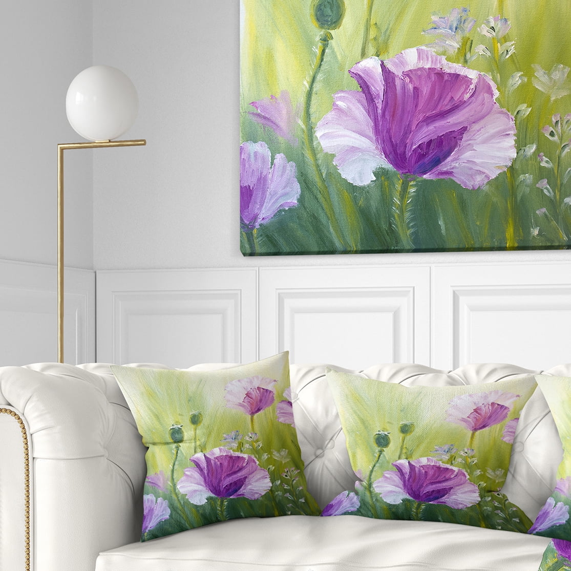 Designart Purple Poppies in Morning - Floral Throw Pillow - 18x18