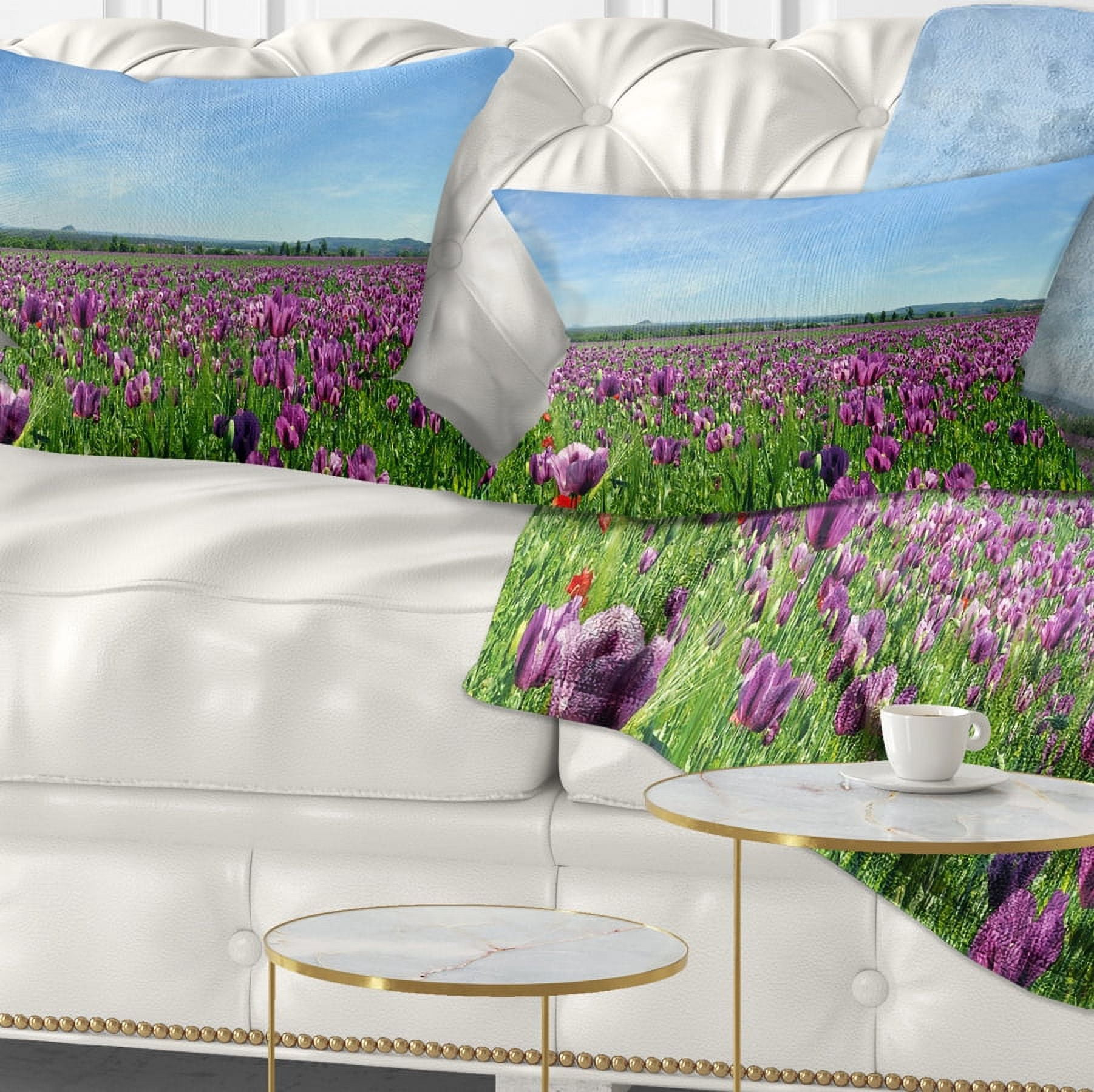 Designart Purple Poppy Field Panorama - Floral Throw Pillow - 12x20