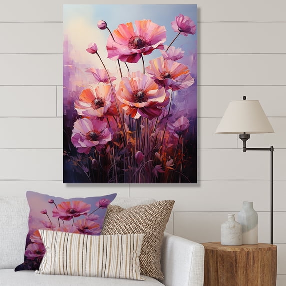 Designart "Purple Poppy Palette with Luminous Lilacs III" Floral Canvas Wall Art - Traditional Pink Poppies Entryway Wall Art Print