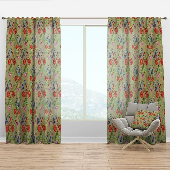 Designart 'Purple Red and Little Blue Blossoming Flowers' Floral Curtain Panel