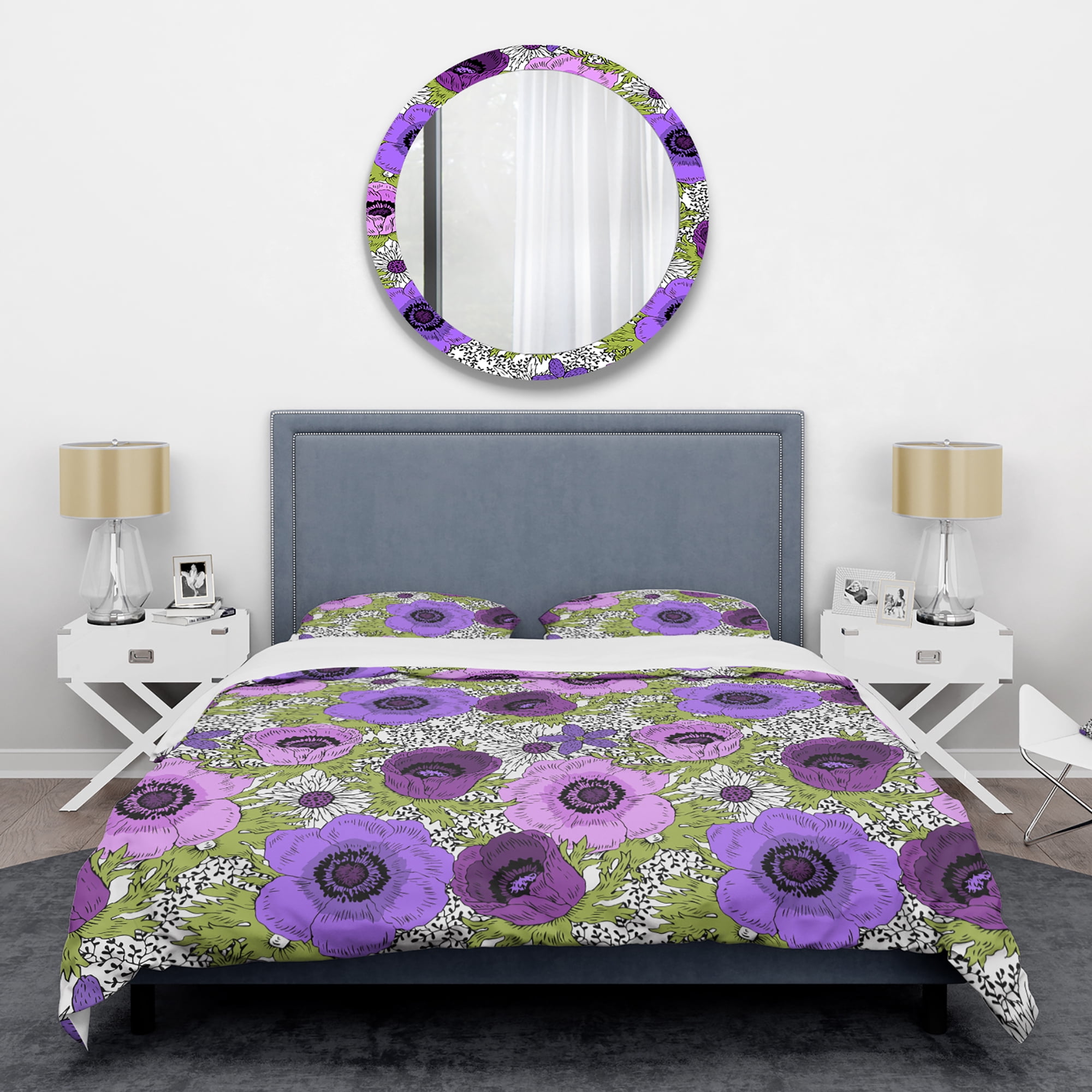 Designart 'Purple Retro Fantasy Flowers' Mid-Century Modern Duvet Cover Set