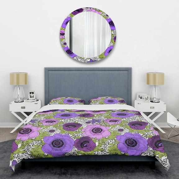 Designart 'Purple Retro Fantasy Flowers' Mid-Century Modern Duvet Cover Set