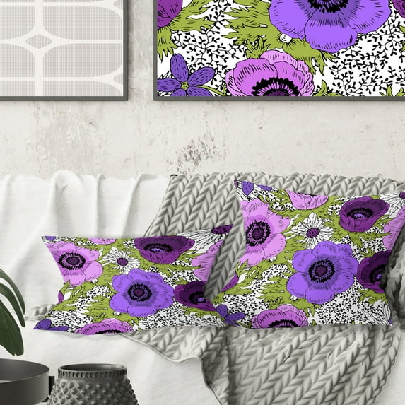 Designart Purple Retro Fantasy Flowers' Mid-Century Modern Throw Pillow - 16x16