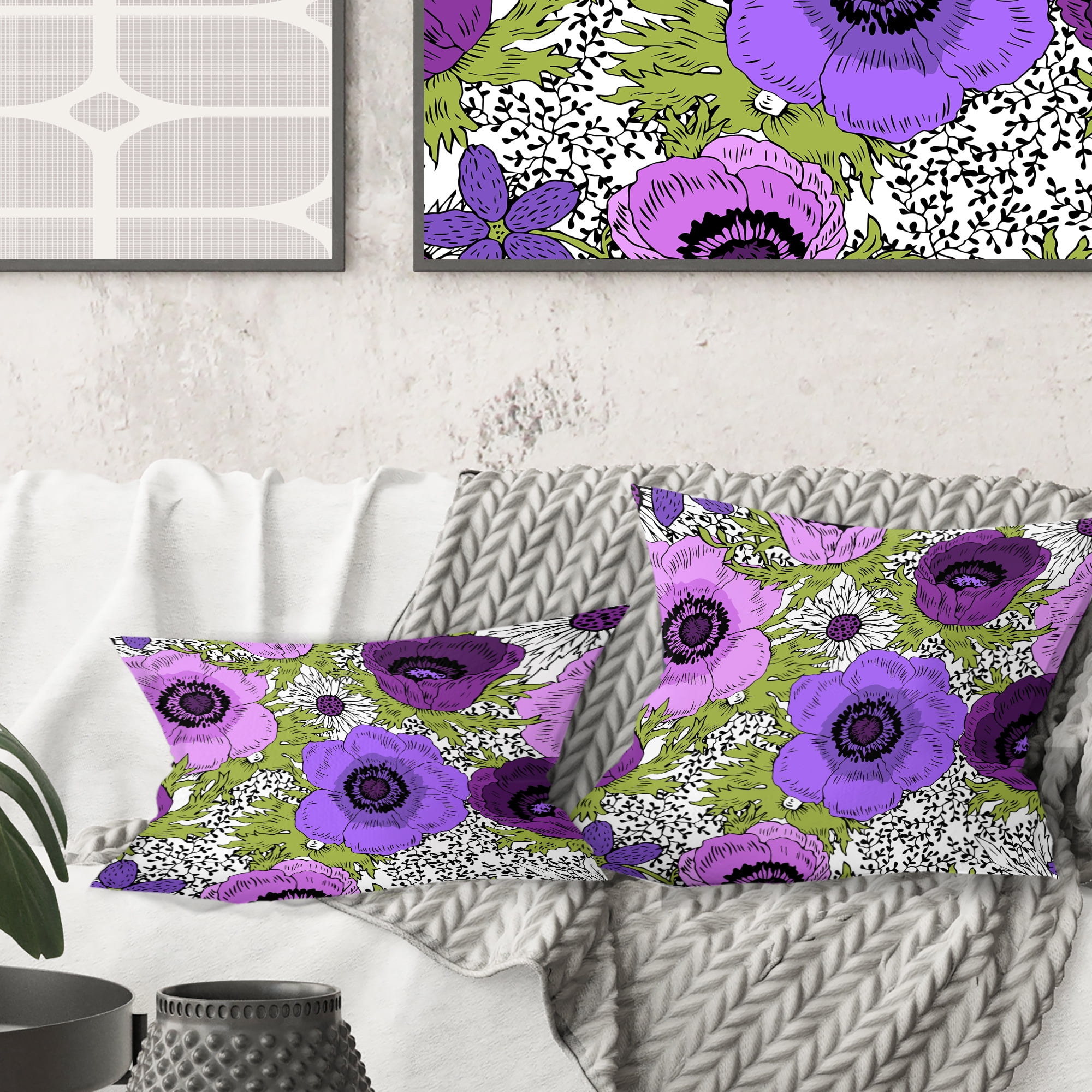 Designart Purple Retro Fantasy Flowers' Mid-Century Modern Throw Pillow - 18x18