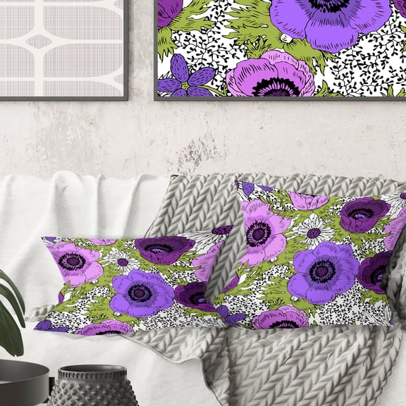 Designart Purple Retro Fantasy Flowers' Mid-Century Modern Throw Pillow - 18x18