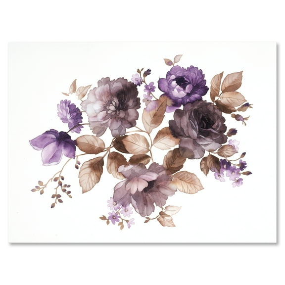 Designart ' Purple Retro Flowers With Brown Leaves On White ' Traditional Canvas Wall Art Print