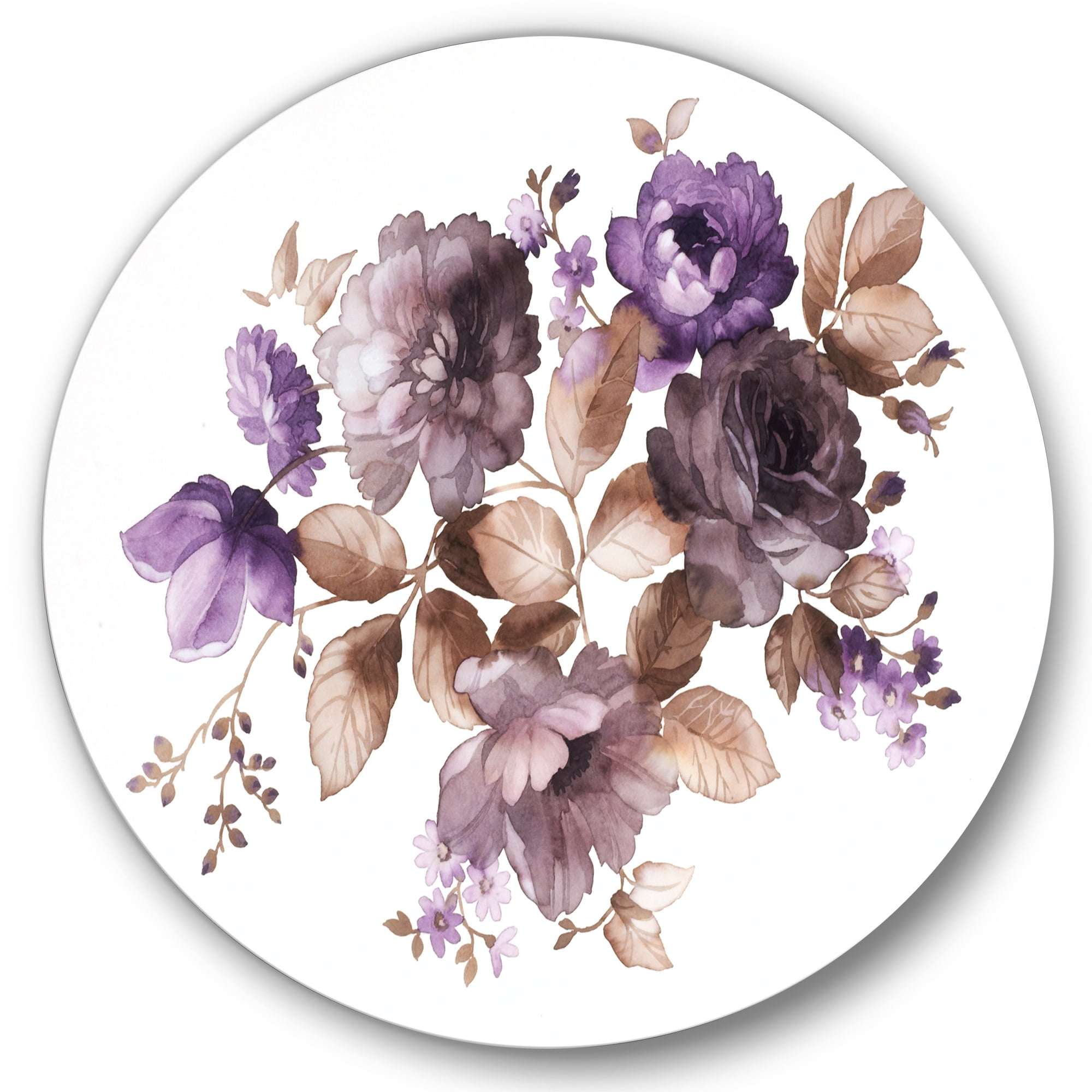 Designart 'Purple Retro Flowers With Brown Leaves On White' Traditional Circle Metal Wall Art 23x23 - Disc of 23