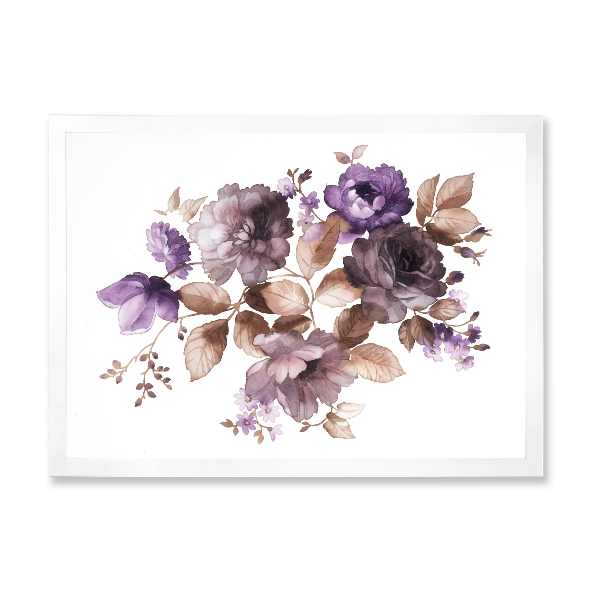 Designart 'Purple Retro Flowers With Brown Leaves On White' Traditional Framed Art Print