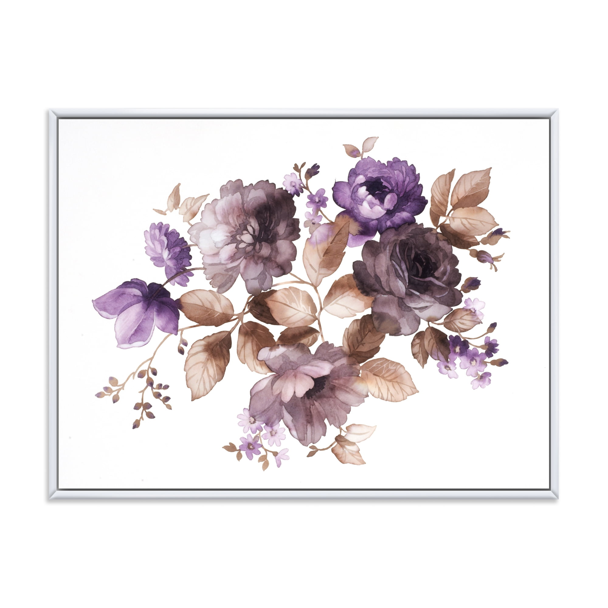 Designart 'Purple Retro Flowers With Brown Leaves On White' Traditional Framed Canvas Wall Art Print