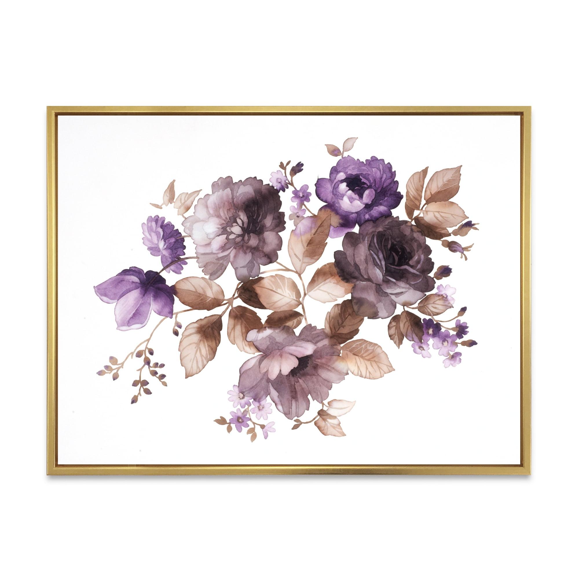 Designart 'Purple Retro Flowers With Brown Leaves On White' Traditional Framed Canvas Wall Art Print