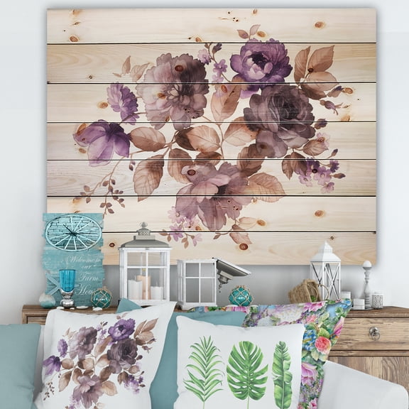 Designart 'Purple Retro Flowers With Brown Leaves On White' Traditional Print on Natural Pine Wood