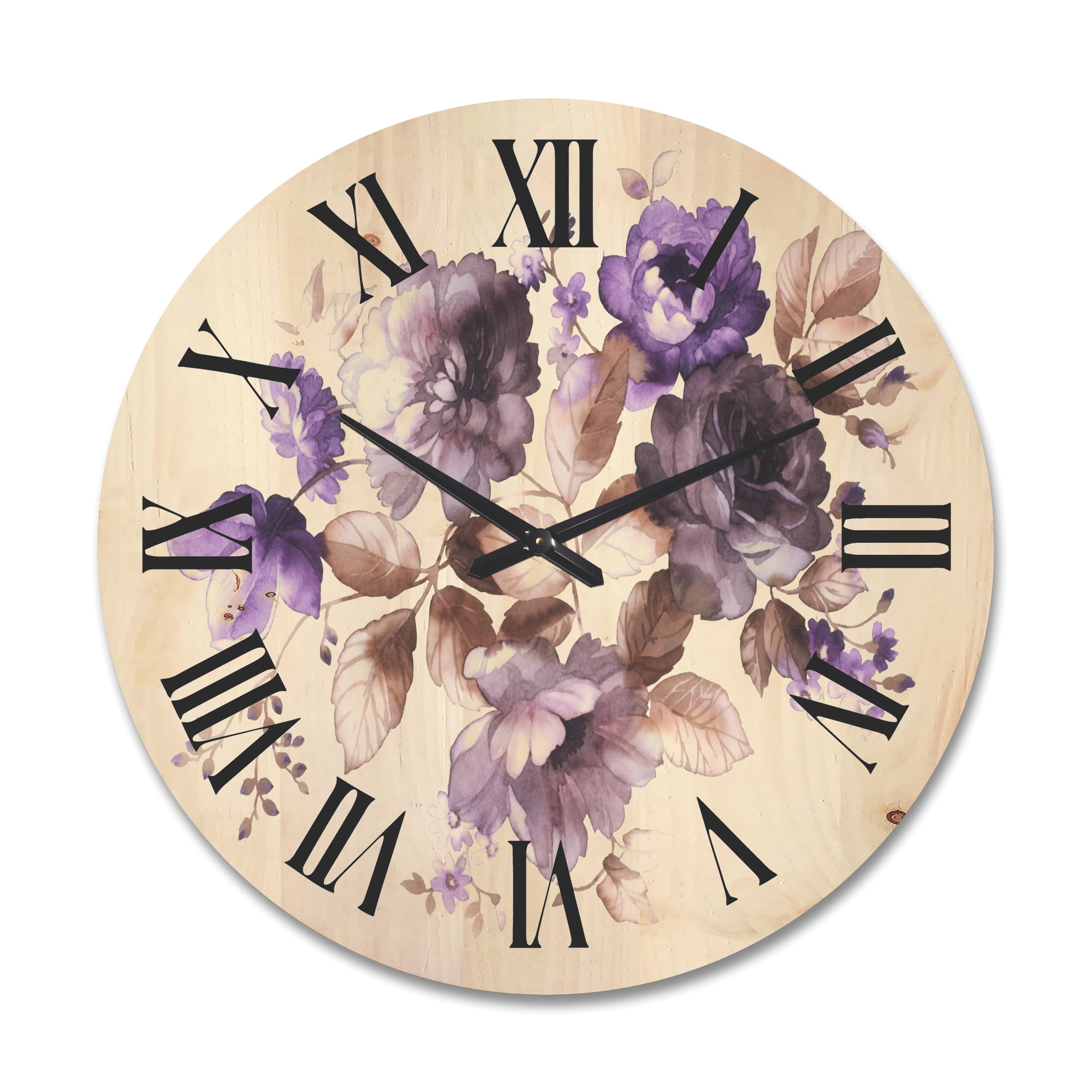 Designart 'Purple Retro Flowers With Brown Leaves On White' Traditional Wood Wall Clock