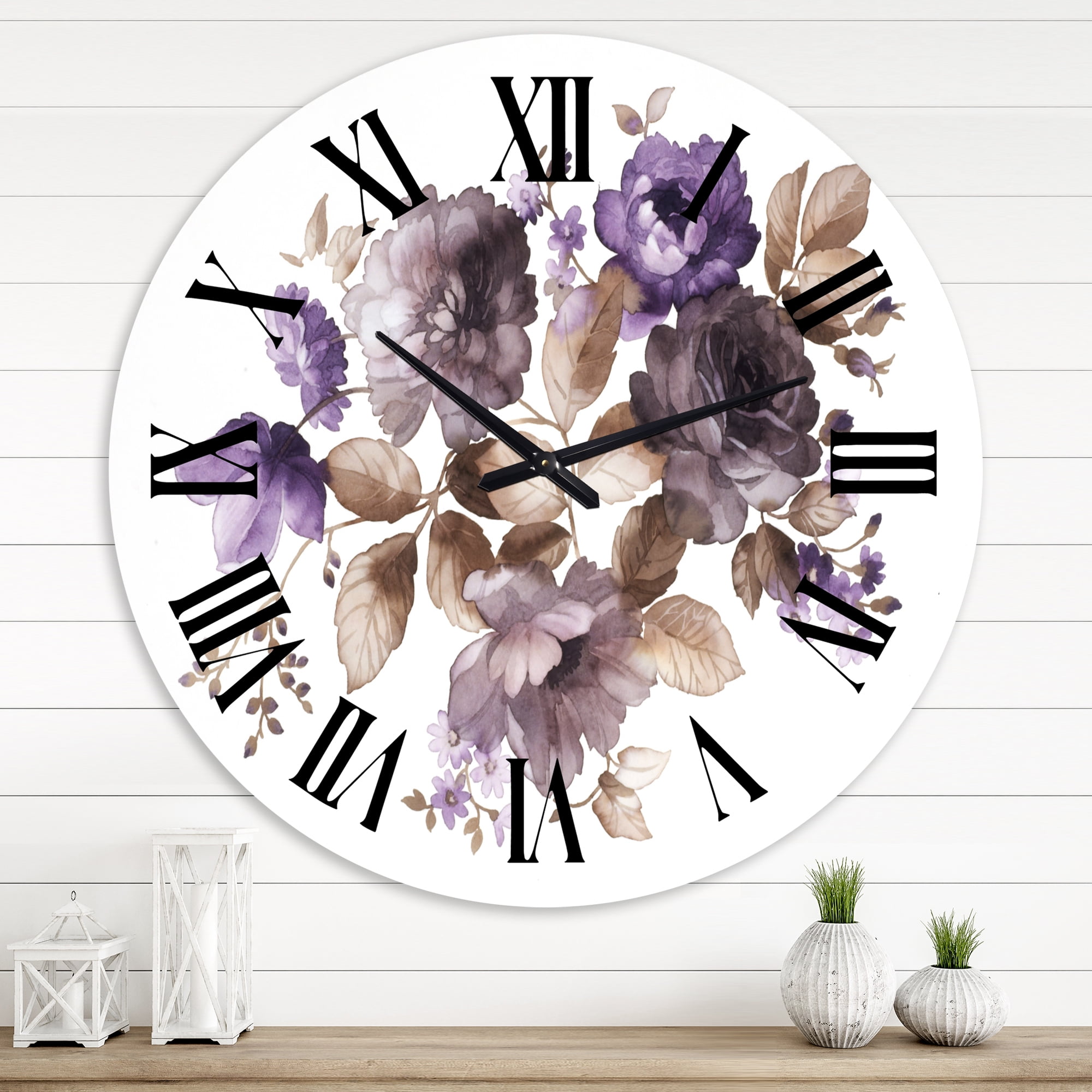 Designart 'Purple Retro Flowers With Brown Leaves' Traditional Wall Clock