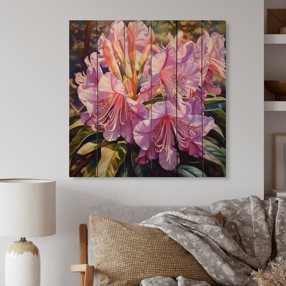 Designart "Purple Rhododendron Blooms Rich Blossoms" Floral Print on Natural Pine Wood