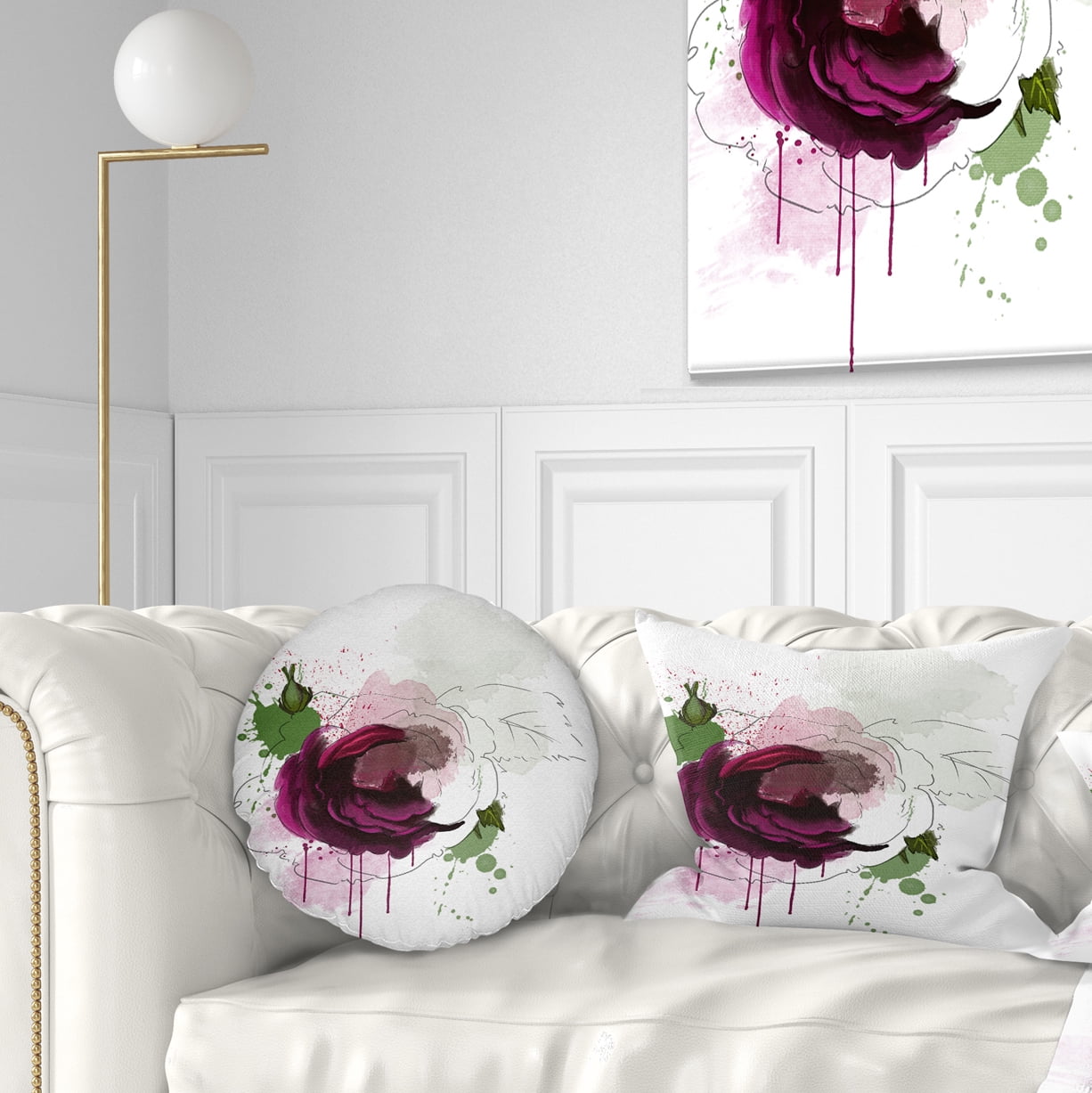 Designart Purple Rose Sketch Watercolor - Floral Throw Pillow - 12x20
