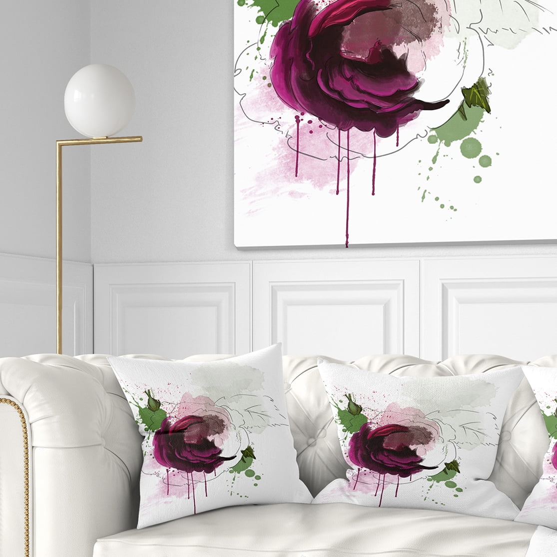 Designart Purple Rose Sketch Watercolor - Floral Throw Pillow - 18x18