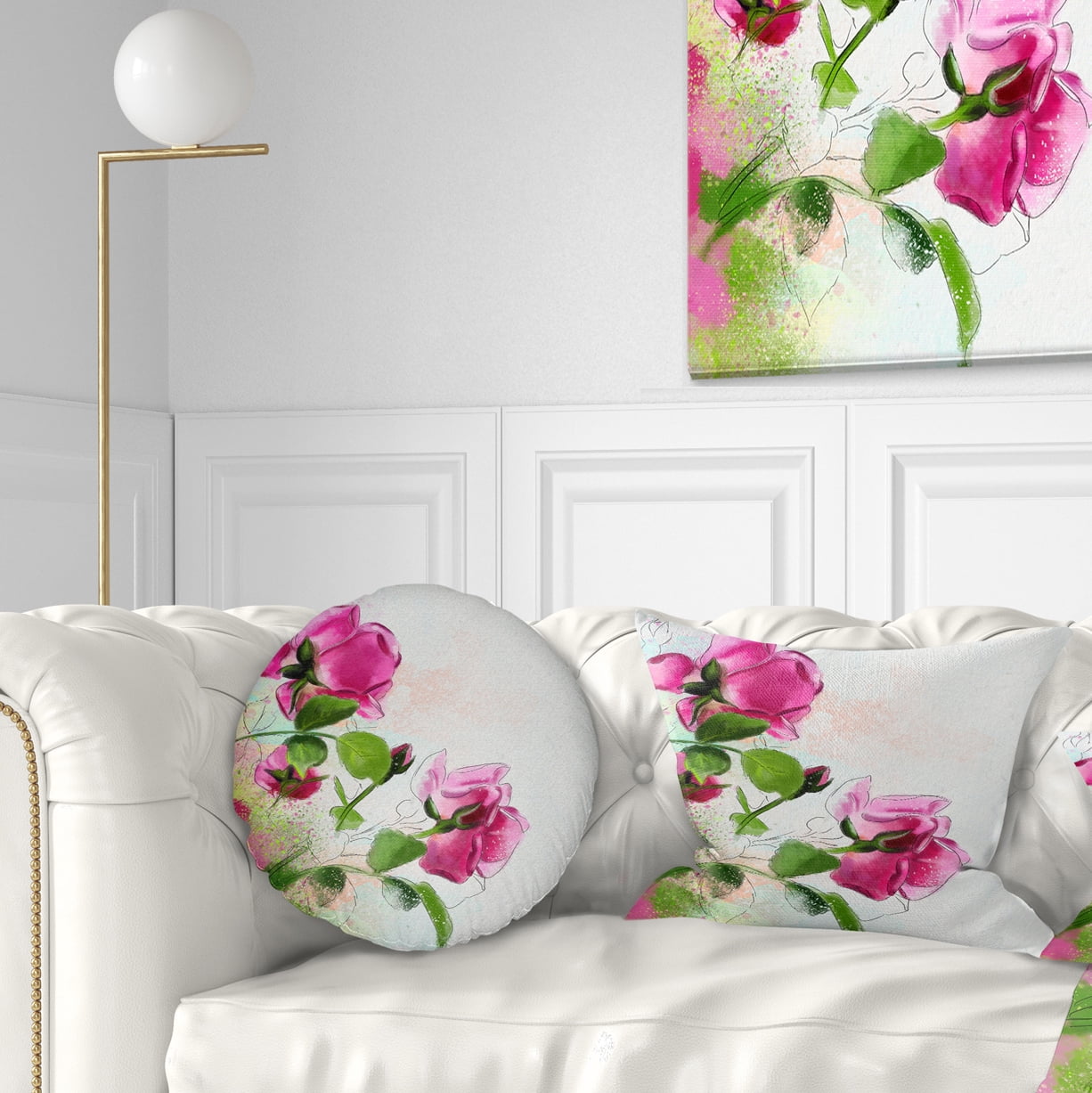 Designart Purple Roses with Green Leaves - Floral Throw Pillow - 12x20