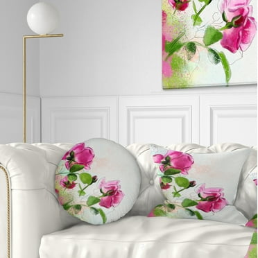 Designart Purple Roses with Green Leaves - Floral Throw Pillow - 12x20