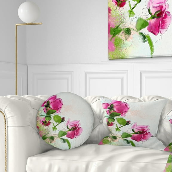 Designart Purple Roses with Green Leaves - Floral Throw Pillow - 12x20